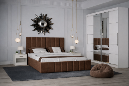 Dormitor Nobless cu Pat Tapițat, Dressing 200x200 Alb și Noptiere