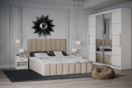 MOBILIER COMPLET DORMITOR - Dormitor Nobless cu Pat Tapițat, Dressing 200x200 Alb și Noptiere