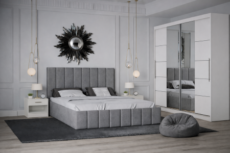 Dormitor Nobless cu Pat Tapițat, Dressing 200x200 Alb și Noptiere