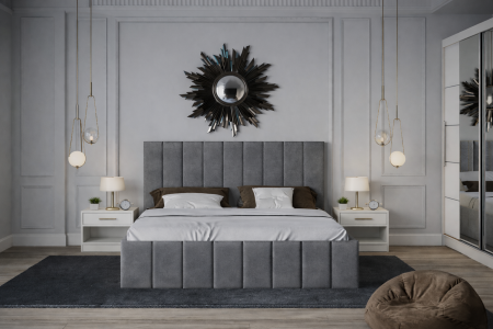 Dormitor Nobless cu Pat Tapițat, Dressing 200x200 Alb și Noptiere [1]