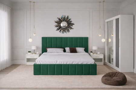 Dormitor Nordis cu Pat Tapițat, Dressing Alb  și Noptiere [2]