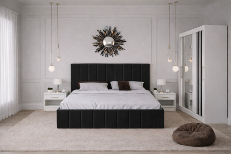 Dormitor Nordis cu Pat Tapițat, Dressing Alb  și Noptiere [2]