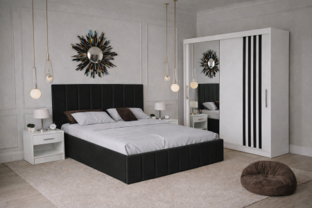 MOBILIER COMPLET DORMITOR - Dormitor Nordis cu Pat Tapițat, Dressing Alb  și Noptiere