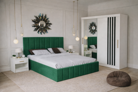 Dormitor Nordis cu Pat Tapițat, Dressing Alb  și Noptiere