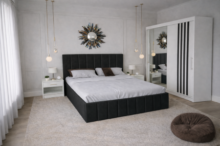 Dormitor Nordis cu Pat Tapițat, Dressing Alb  și Noptiere [1]