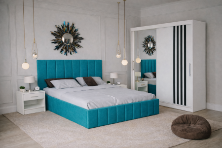 Dormitor Nordis cu Pat Tapițat, Dressing Alb  și Noptiere