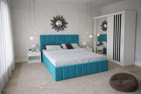 Dormitor Nordis cu Pat Tapițat, Dressing Alb  și Noptiere [1]