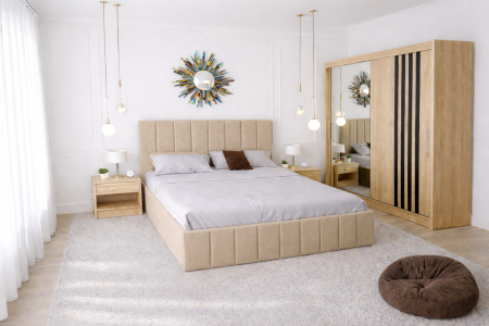 MOBILIER COMPLET DORMITOR - Dormitor Nordis cu Pat Tapițat, Dressing Sonoma și Noptiere