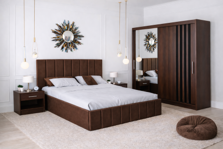 MOBILIER COMPLET DORMITOR - Dormitor Nordis cu Pat Tapițat, Dressing Wenge  și Noptiere