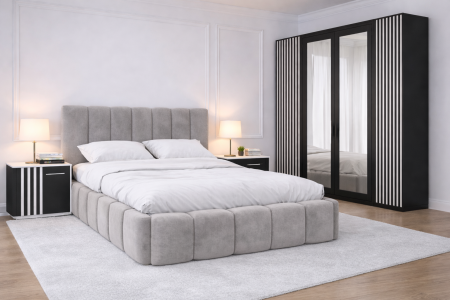 MOBILIER COMPLET DORMITOR - Dormitor Pat Monarch cu Dulap Riflaj Gri Antracit+Alb