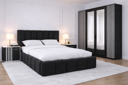 Dormitor Pat Monarch cu Dulap Riflaj Gri Antracit+Alb