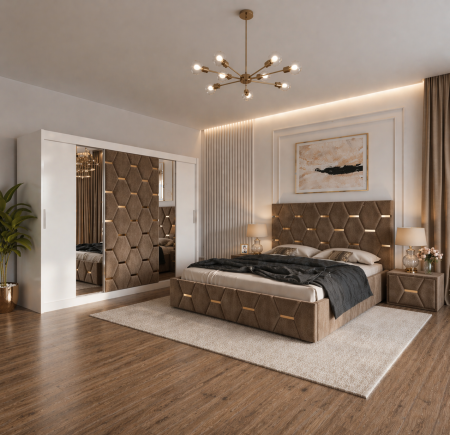 Dormitor Select Cu Dressing Alb 250x200, Pat Tapițat și Noptiere Tapițate [0]