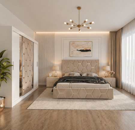 Dormitor Select Cu Dressing Alb 250x200, Pat Tapițat și Noptiere Tapițate [1]