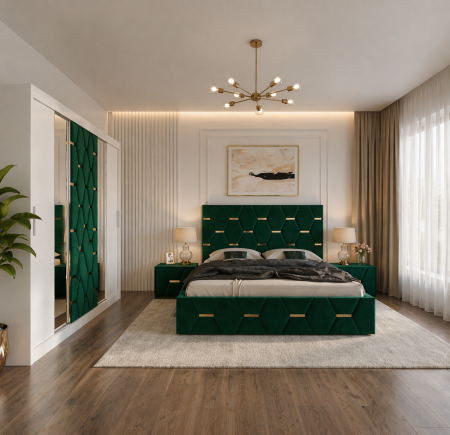Dormitor Select Cu Dressing Alb 250x200, Pat Tapițat și Noptiere Tapițate [1]