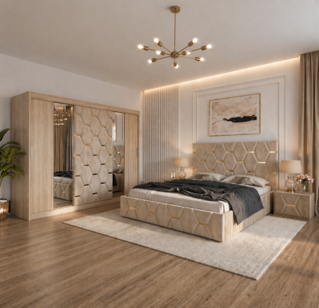 MOBILIER COMPLET DORMITOR - Dormitor Select Cu Dressing Sonoma 250x200, Pat Tapițat și Noptiere Tapițate