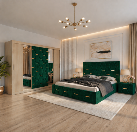 Dormitor Select Cu Dressing Sonoma 250x200, Pat Tapițat și Noptiere Tapițate