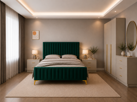 Dormitor Siena cu Dulap Clasic 120x200, Comodă, Pat și Noptiere Tapițate - Detalii Aurii [1]
