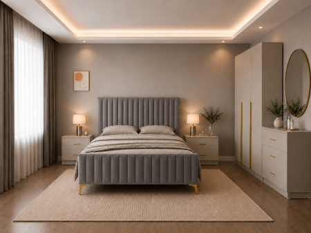 Dormitor Siena cu Dulap Clasic 120x200, Comodă, Pat și Noptiere Tapițate - Detalii Aurii [1]