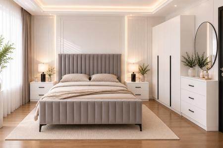 MOBILIER COMPLET DORMITOR - Dormitor Siena cu Dulap Clasic 160x200, Comodă, Pat și Noptiere - Detalii Negre