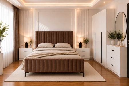 Dormitor Siena cu Dulap Clasic 160x200, Comodă, Pat și Noptiere - Detalii Negre