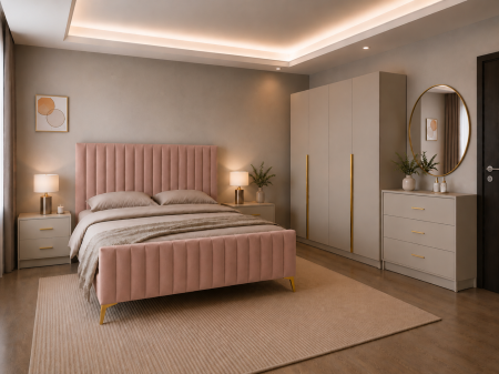 Dormitor Siena cu Dulap Clasic 160x200, Comodă, Pat și Noptiere  - Detalii Aurii