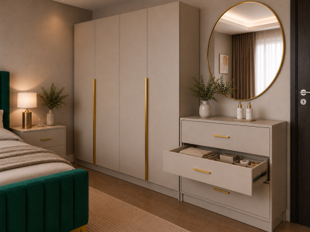 Dormitor Siena cu Dulap Clasic 160x200, Comodă, Pat și Noptiere  - Detalii Aurii [3]