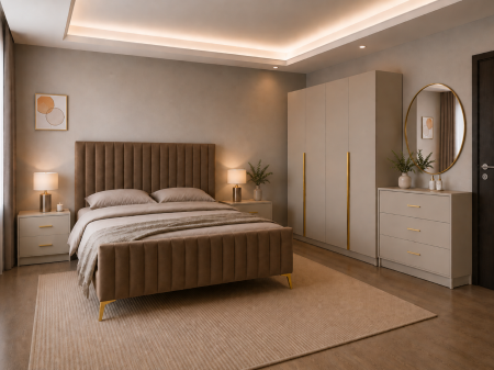 Dormitor Siena cu Dulap Clasic 160x200, Comodă, Pat și Noptiere  - Detalii Aurii