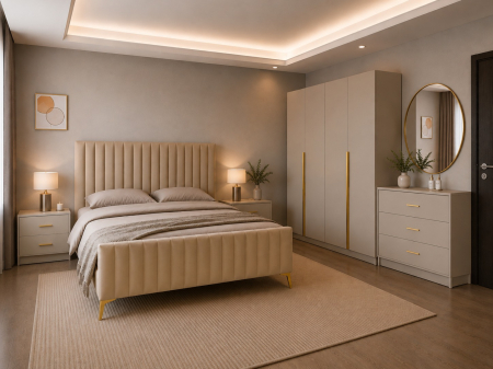 MOBILIER COMPLET DORMITOR - Dormitor Siena cu Dulap Clasic 160x200, Comodă, Pat și Noptiere  - Detalii Aurii
