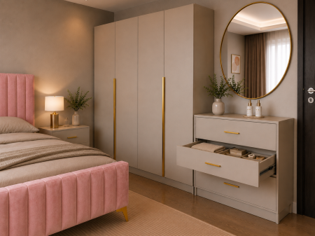 Dormitor Siena cu Dulap Clasic 160x200, Comodă, Pat și Noptiere  - Detalii Aurii [3]