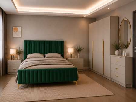 Dormitor Siena cu Dulap Clasic 160x200, Comodă, Pat și Noptiere  - Detalii Aurii