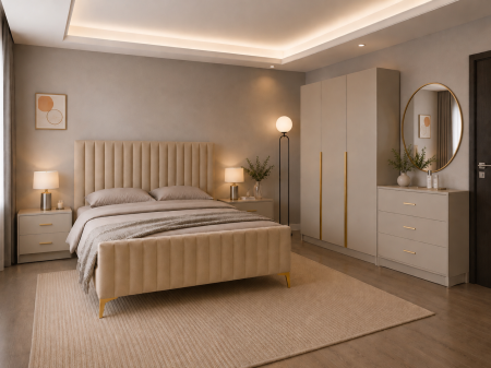 MOBILIER COMPLET DORMITOR - Dormitor Siena cu Dulap Clasic 120x200, Comodă, Pat și Noptiere Tapițate - Detalii Aurii