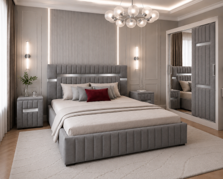 MOBILIER COMPLET DORMITOR - Dormitor Valencia Argintiu cu Dressing, Pat și Noptiere Tapițate