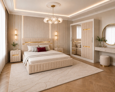 MOBILIER COMPLET DORMITOR - Dormitor Valencia Gold cu Dressing, Pat și Noptiere Tapițate