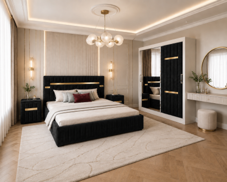 Dormitor Valencia Gold cu Dressing, Pat și Noptiere Tapițate