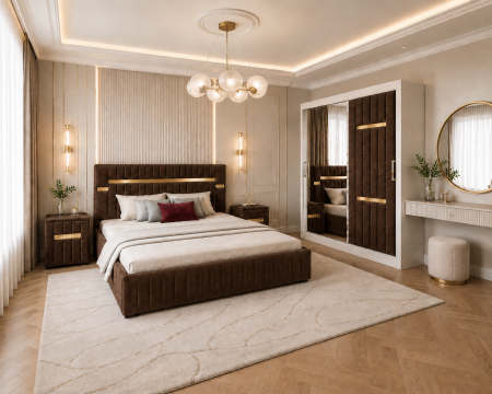 Dormitor Valencia Gold cu Dressing, Pat și Noptiere Tapițate