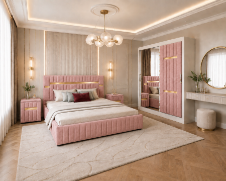 Dormitor Valencia Gold cu Dressing, Pat și Noptiere Tapițate