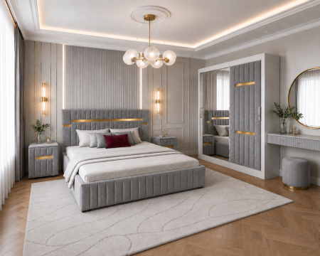 Dormitor Valencia Gold cu Dressing, Pat și Noptiere Tapițate