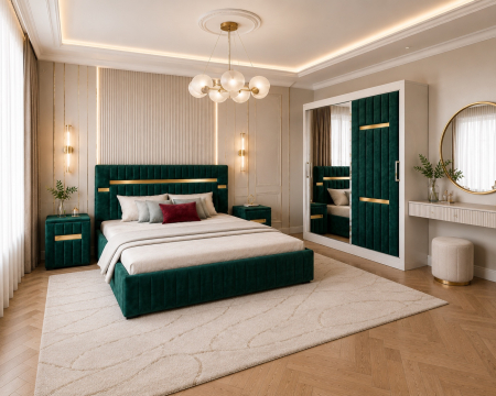 Dormitor Valencia Gold cu Dressing, Pat și Noptiere Tapițate