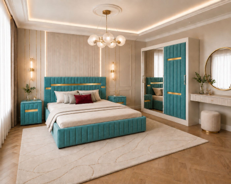 Dormitor Valencia Gold cu Dressing, Pat și Noptiere Tapițate