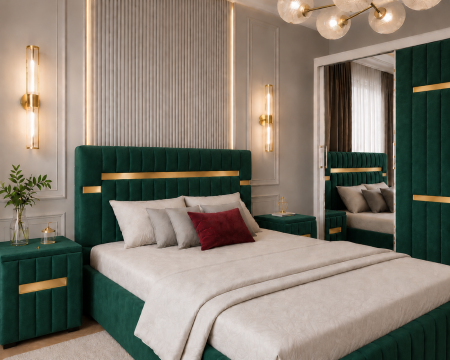 Dormitor Valencia Gold cu Dressing, Pat și Noptiere Tapițate [1]