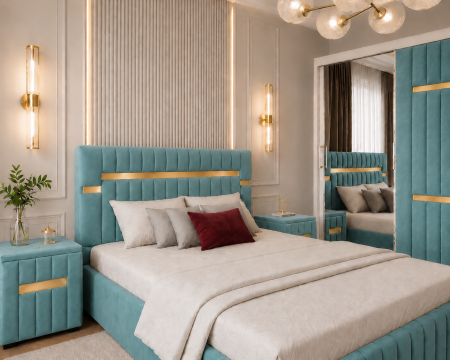 Dormitor Valencia Gold cu Dressing, Pat și Noptiere Tapițate [1]