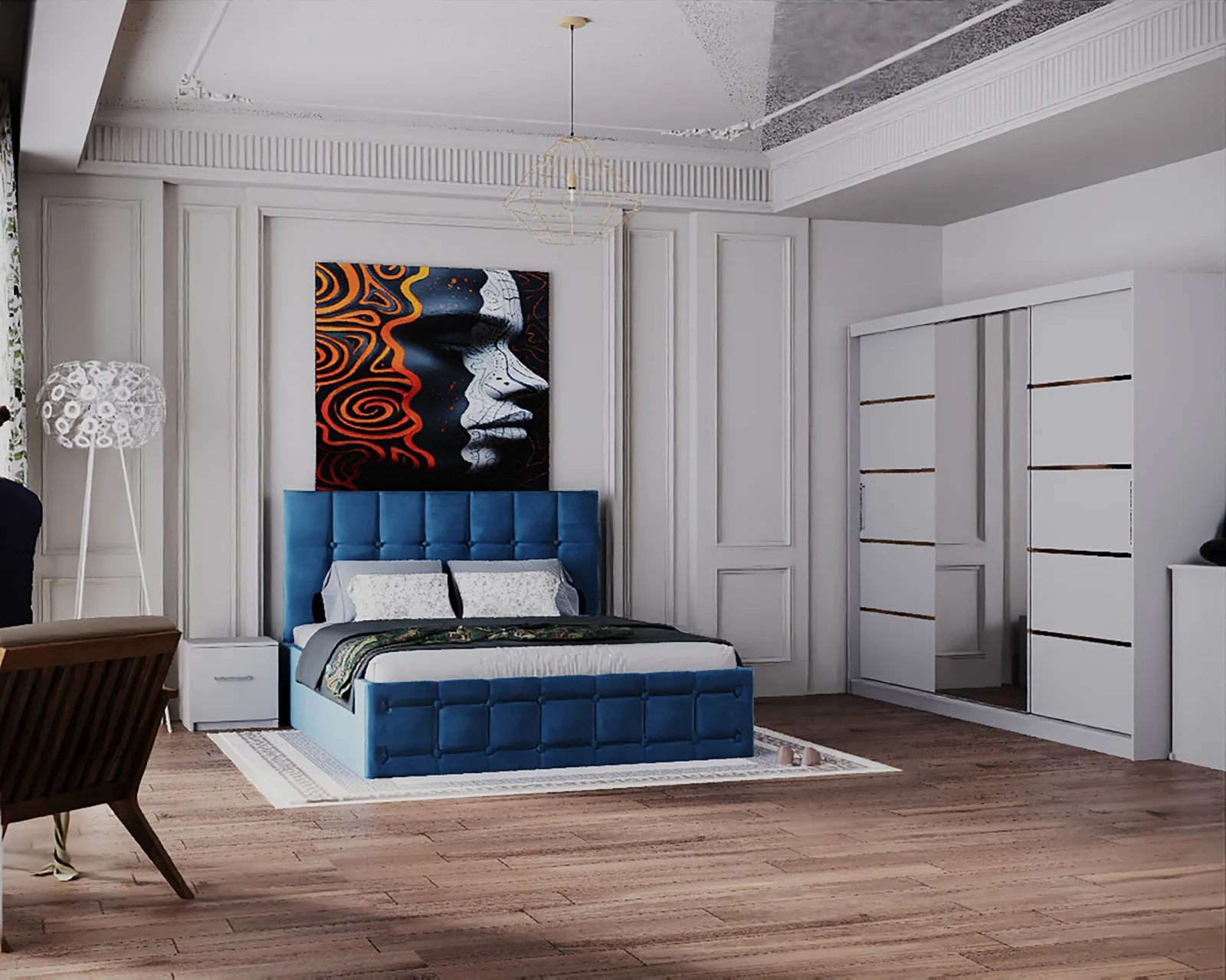 REGAL - Dormitor Regal cu Pat Tapitat Stofa Albastra cu dulap 250*200 usi glisante Alb cu Oglinda, noptiere si comoda