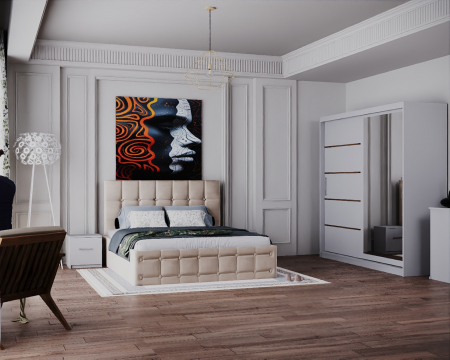 Dormitor Regal cu Pat Tapitat Stofa Bej cu dulap 200*200 usi glisante Alb, noptiere si comoda