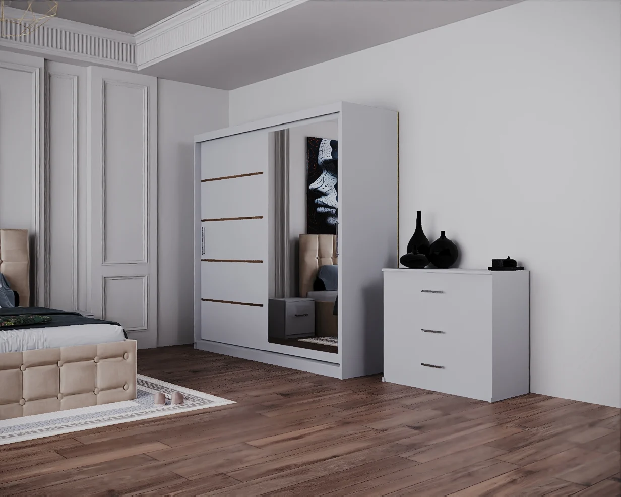 Dormitor Regal cu Pat Tapitat Stofa Bej cu dulap 200*200 usi glisante Alb, noptiere si comoda [1]
