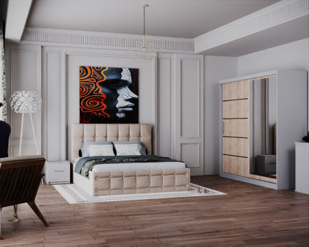 MOBILIER COMPLET DORMITOR - Dormitor Regal cu Pat Tapitat Stofa Bej cu dulap 200*200 usi glisante Sonoma&Alb cu Oglinda, noptiere si comoda