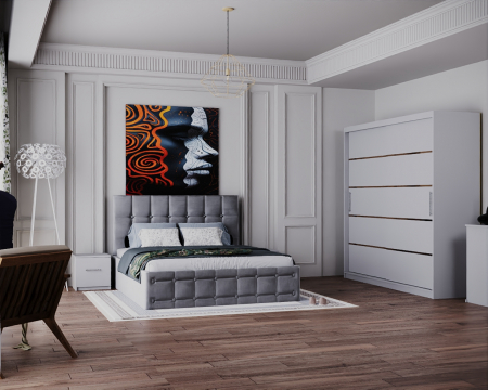 Dormitor Regal cu Pat Tapitat Stofa Gri cu dulap 200*200 usi glisante Alb, noptiere si comoda