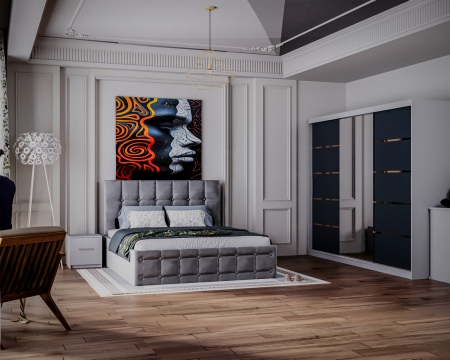 REGAL - Dormitor Regal cu Pat Tapitat Stofa Gri cu dulap 250*200 usi glisante Alb&Antracit cu Oglinda, noptiere si comoda