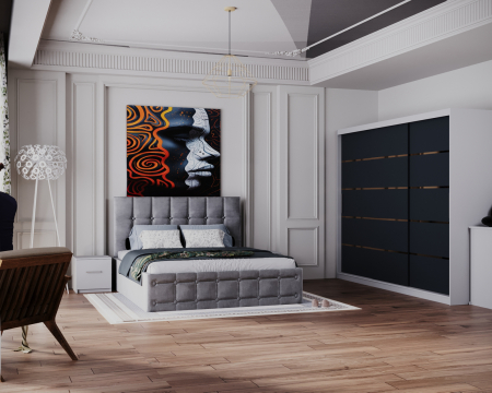 REGAL - Dormitor Regal cu Pat Tapitat Stofa Gri cu dulap 250*200 usi glisante Alb&Antracit, noptiere si comoda