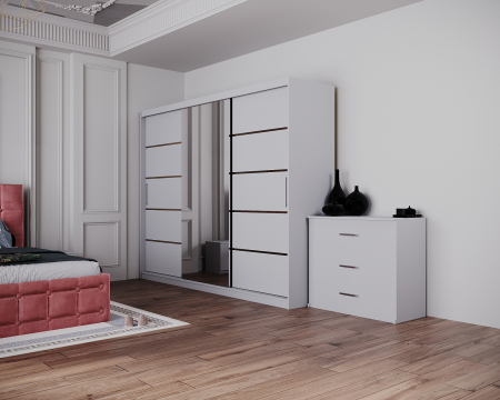 Dormitor Regal cu Pat Tapitat Stofa Roz cu dulap 250*200 usi glisante Alb cu Oglinda, noptiere si comoda [1]