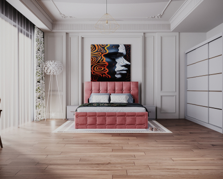 Dormitor Regal cu Pat Tapitat Stofa Roz cu dulap 250*200 usi glisante Alb, noptiere si comoda [3]